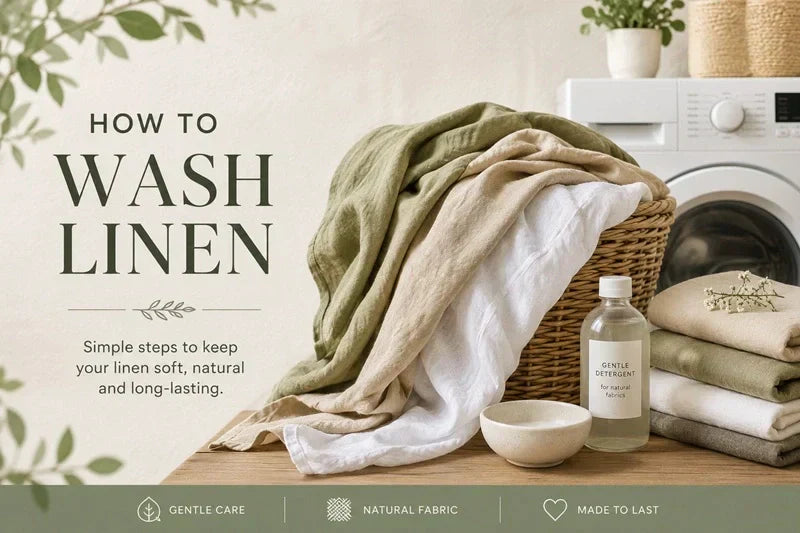 Natural linen garments beside a washing machine showing how to wash linen properly to keep fabric soft, fresh, and long-lasting