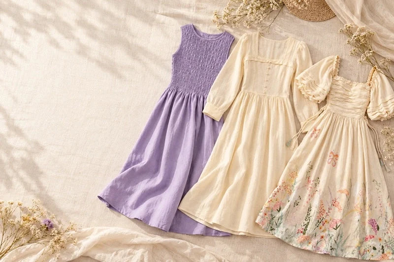 Women's linen dresses in lavender and cream with floral details arranged on a natural linen backdrop.