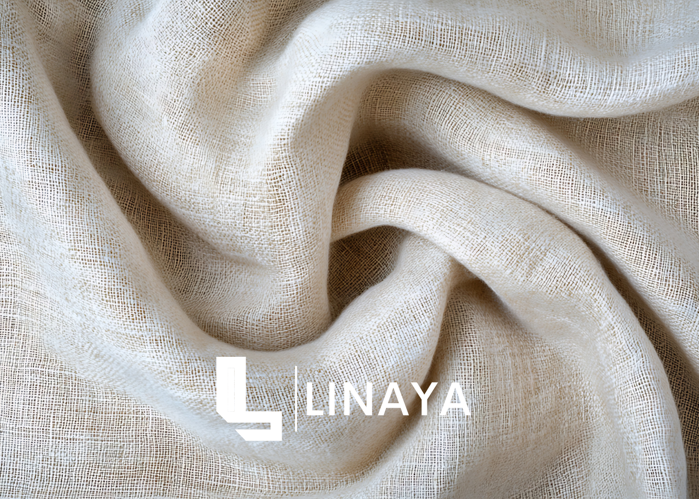 Close-up of beige fabric with LINAYA logo overlayed.